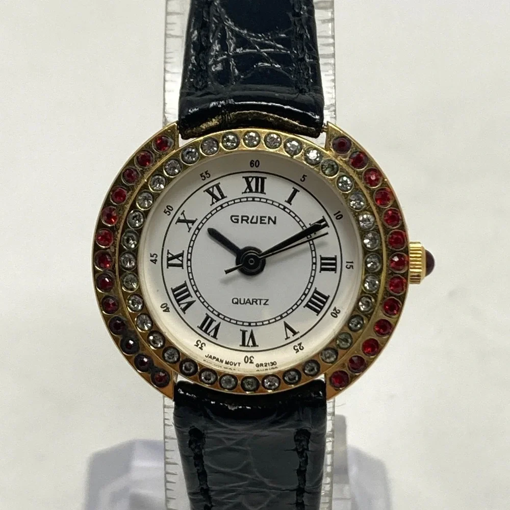 Vintage Gruen Women's Watch Red Crystals Gold Tone 26mm Bling New Battery 7.25